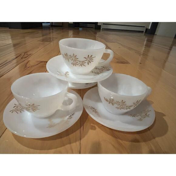 Federal Glass Heat Proof Teacup Coffee 5 Cups/ Saucers Gold Leaf Atomic Vtg  MCM - Picture 5 of 11